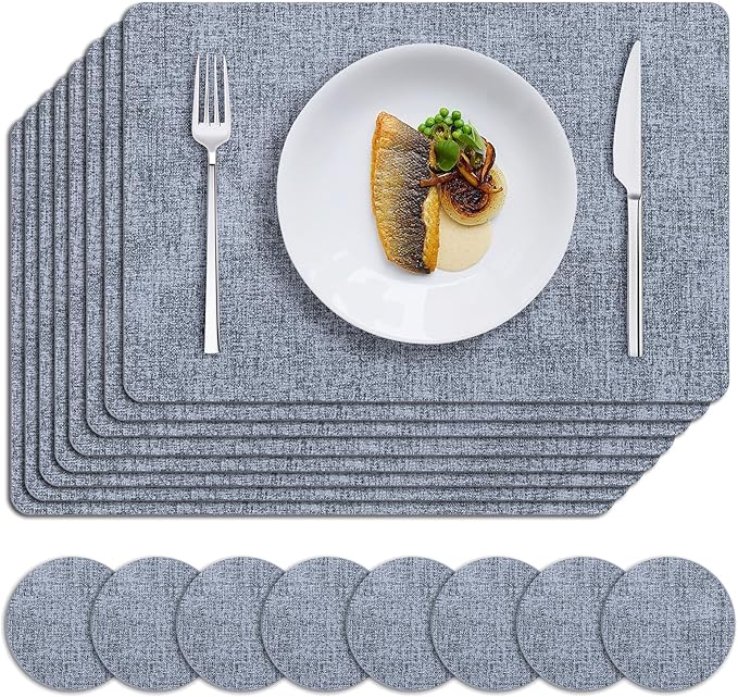 MOSAYT Placemats Set of 8, Heat Resistant Vinyl Place Mats with Coasters, Wipeable Washable 100% Waterproof Oil Proof Faux Leather Table Mats for Kitchen Dining Party Outdoor, 12" x 17", Sky Blue