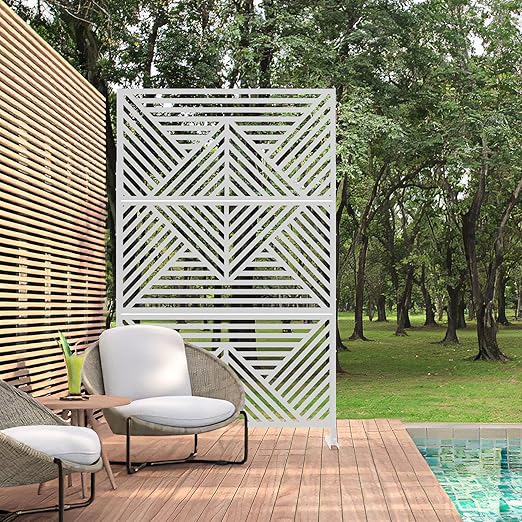Casaphoria 72" H x 47" W Metal Outdoor Privacy Screen, Freestanding Decorative Divider for Patio, Deck, Balcony, and Garden with Stable Base, White Zodiac