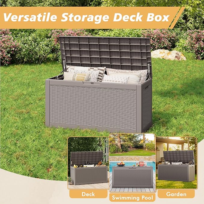 Outdoor Storage Box, Resin Deck Boxes Outdoor Waterproof For Patio Furniture, Garden Tools, Pool Supplies, Durable And UV Resistant, Lockable (100 Gallon, Grey)