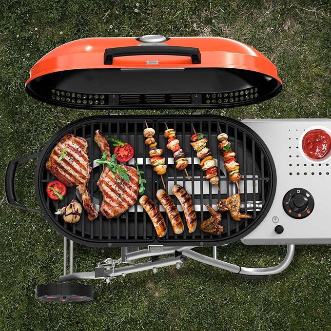 RoadTrip Portable Propane Gas Grill,15,000 BTU BBQ Grill with Top Cover Lid,Folding Legs & 2 Wheels, 406 sq.in. Grilling Areas, Built-in Thermometer, Barbecue Gas Grill for Patio,Party,Orange