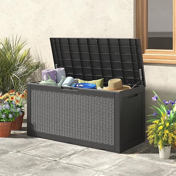 Outdoor Storage Box, Resin Deck Boxes Outdoor Waterproof For Patio Furniture, Garden Tools, Pool Supplies, Durable And UV Resistant, Lockable (100 Gallon, Black)
