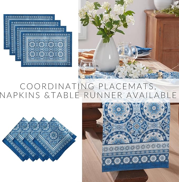 Elrene Home Fashions Vietri Medallion Blue Coastal Block Print Stain & Water Resistant Indoor/Outdoor Table or Console Runner, 13"x70"