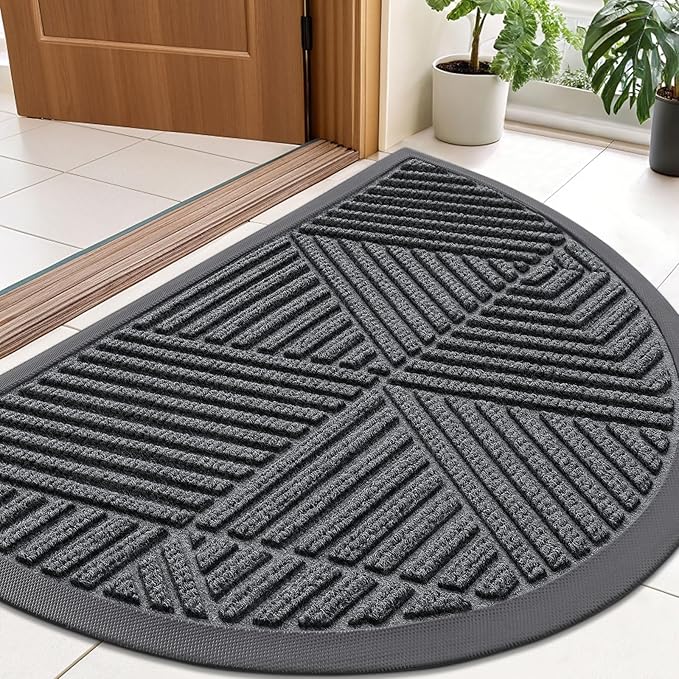 Smiry Half Circle Front Door Mat Outside Entrance, Heavy Duty Sturdy Natural Rubber Doormat, Trap Dirt and Moisture, Low Profile Mats for Indoor Outdoor Entry, Irregular Triangle (36x24, Grey)
