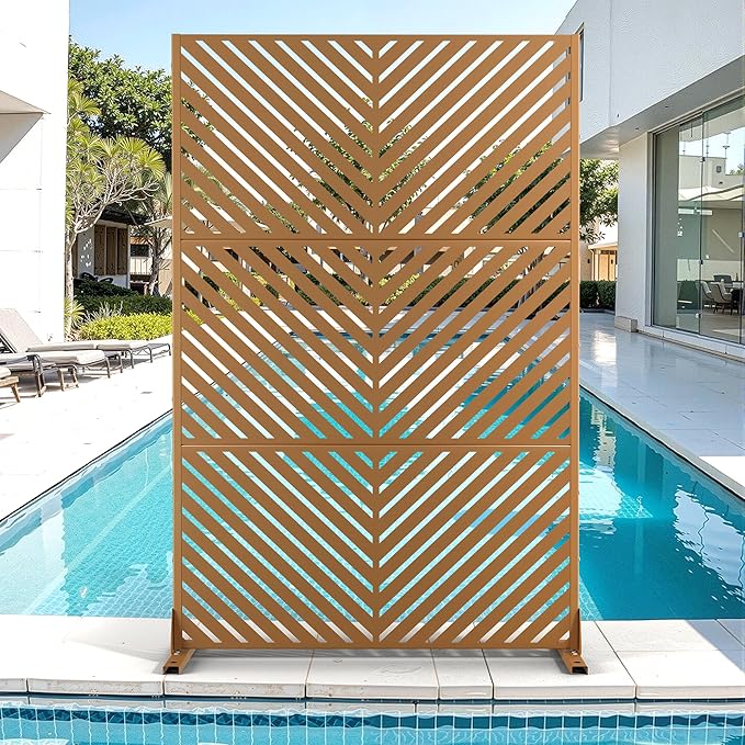 Metal Privacy Screen for Outdoor & Indoor Use, Free Standing Privacy Screen for Patio Garden Pool, 72" H x 47" W Decoative Privacy Panels, Weather Resistant, Easy Assembly (Rust Parallel Line)