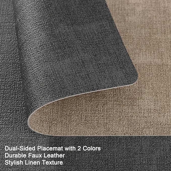 Myir JUN Placemats Dual Sided, Faux Leather Place Mats Set of 8 Indoor Placemat for Dining Table Non-Slip Washable Place Mat Heat Resistant Outdoor Table Mats (Set of 8, Gray Beige)