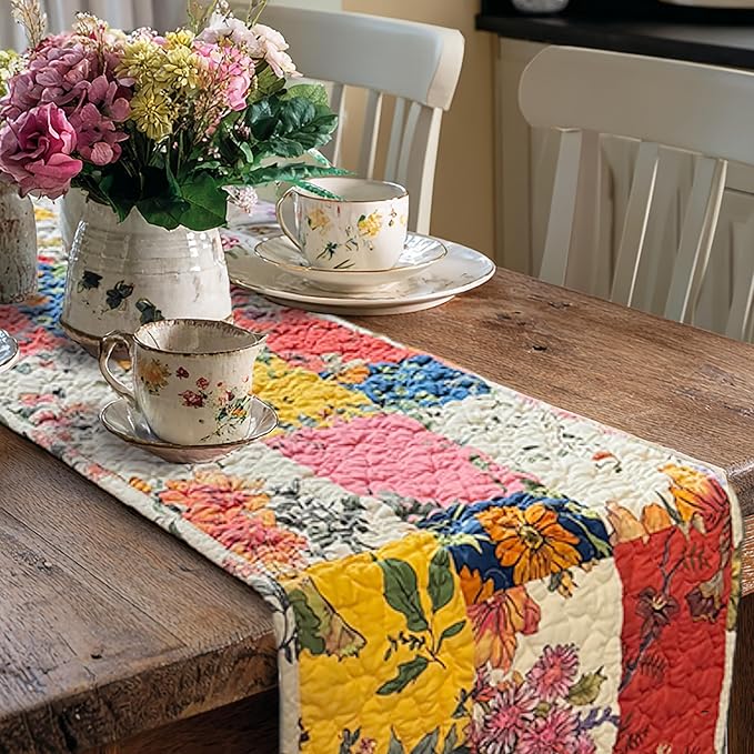 Cotton Quilted Floral Patchwork Table Runner 54 Inches Long – Handmade Farmhouse Table Runner for Dining Room, Coffee Table, or Buffet (Floral, 13*54)