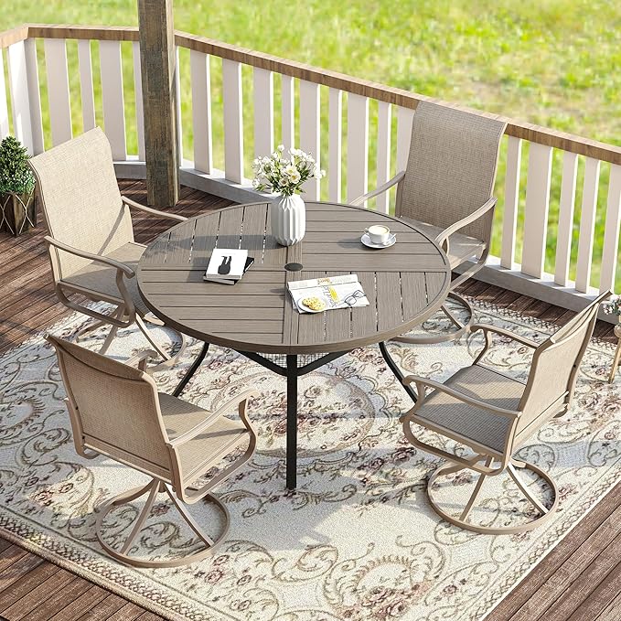 VICLLAX Round Patio Table with Adjustable Umbrella Hole for 4, All Weather Metal Outdoor Dining Table for Lawn Garden, 40.6" Outdoor Coffee Table, Grey Wood-Like Tabletop