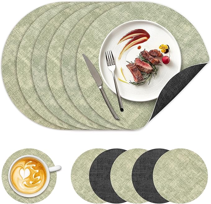 13" Round Placemats Set of 6, NCUE Dual-Sided Faux Leather Heat Resistant Table Mats, Waterproof Oilproof Washable Protective Table Placemats with Coaster, Wipeable Vinyl for Indoor & Outdoor Use