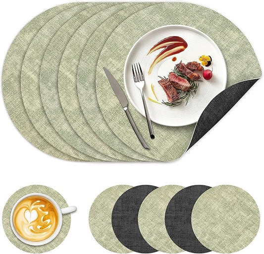 13" Round Placemats Set of 6, NCUE Dual-Sided Faux Leather Heat Resistant Table Mats, Waterproof Oilproof Washable Protective Table Placemats with Coaster, Wipeable Vinyl for Indoor & Outdoor Use