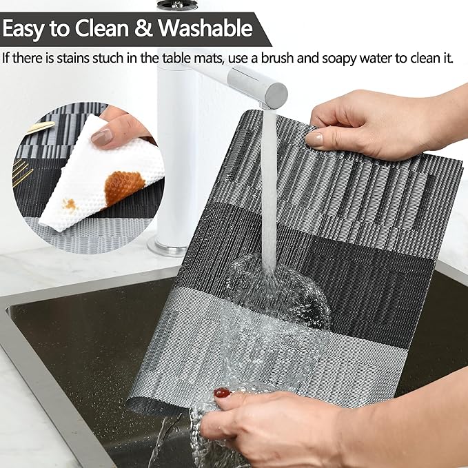 SLKQG Placemats Set of 8 - Easy Clean Washable Vinyl Placemats - Heat Resistant Placemats for Kitchen Table - PVC Table Mats for Dining Table (Black and Gray, 8)