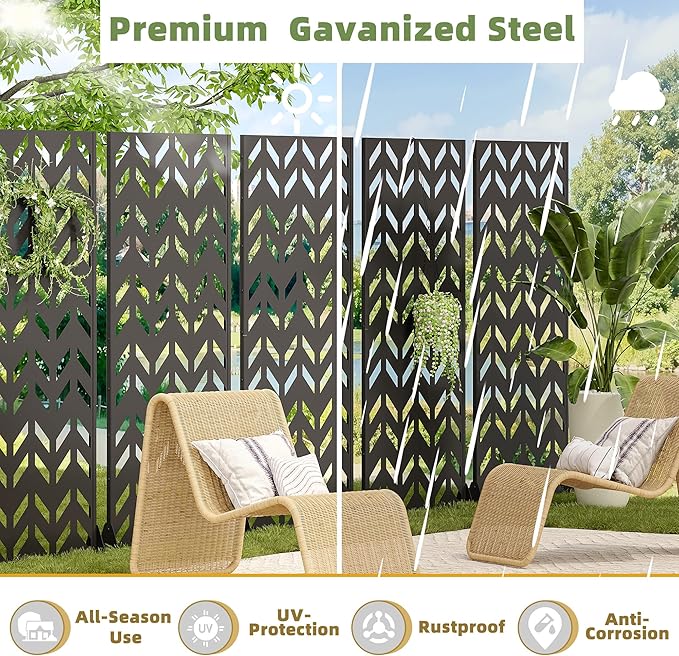 Casaphoria 72" H x 35" W Metal Privacy Screen, Outdoor Freestanding Decorative Divider for Patio, Deck, Balcony, and Garden with Stable Base, Black Keith