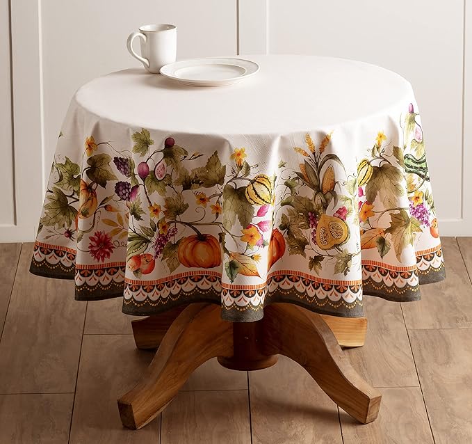 Maison d' Hermine Table Cloth Round Table 100% Cotton 63 Inches Fall Tablecloth Reusable Everyday Use for Thanksgiving Christmas Decorations Dining Farmhouse Party (Pumpkin Garden - Cloudy Cream)