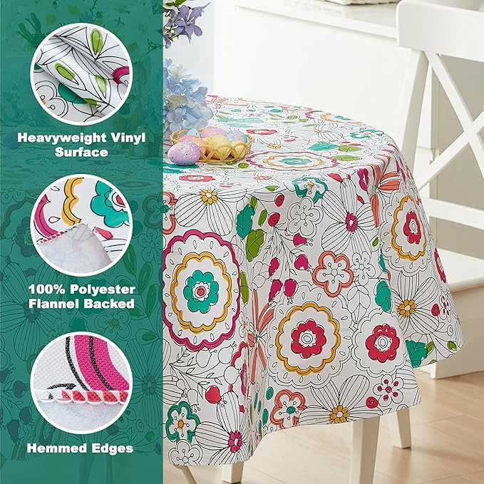 Newbridge Shabby Chic Lily Print 70 Inch Round Vinyl Flannel Backed Tablecloth, Pink Yellow and Green Lily Indoor and Outdoor Waterproof Vinyl Table Cover for Spring Holiday Party