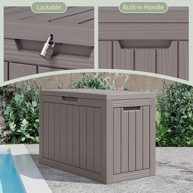 NUNU LAB Outdoor Storage Box, 45 Gallon Outside Deck Box Waterproof, Resin Outdoor Storage Cabinet With Lockable Lid, Backyard Storage Bench For Garden Tools, Patio Cushions, Pool Tools, Gray