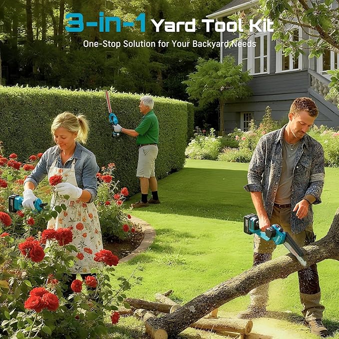 SEESII Electric Chainsaw Trimmer Pruner: 3-in-1 Cordless Chainsaw, Hedge Trimmer, Pruning Shears with 2× Rechargeable 4000mAh Batteries, Garden Tool Kit for Tree Trimming and Branch Cutting