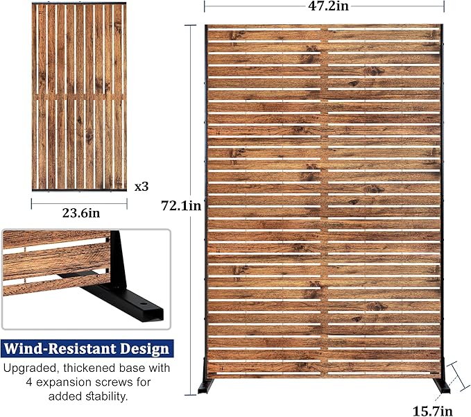 Metal Privacy Screen Outdoor 72" H×47" W Natural Wood Brown Patio Privacy Screen, Freestanding Decorative Privacy Screen for Deck Balcony Patio