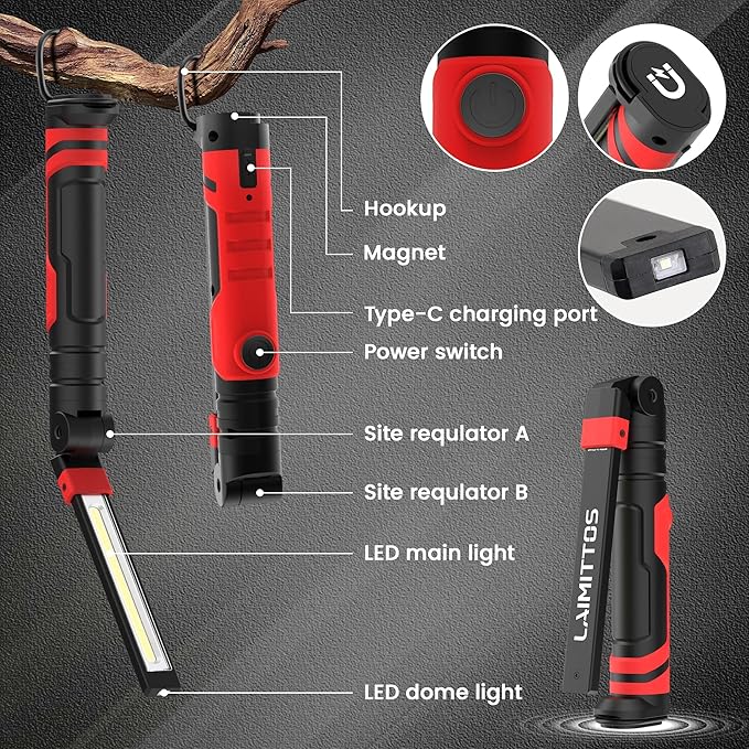 Rechargeable Work Light 2500mAh Magnetic LED Work Light Flashlight Mechanic Light Tool for Men Him, Foldable Lamp with Hook for Car Repair Emergency BBQ Grill