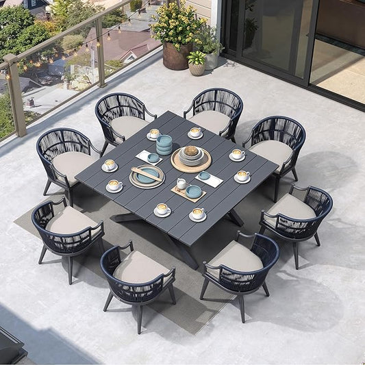 PURPLE LEAF 9 Pieces Outdoor Dining Set All Weather Wicker Patio Dining Set with Square Aluminum Table and Modern Armrest Dining Chairs for Garden Deck Backyard Kitchen, Grey