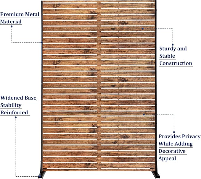 Metal Privacy Screen Outdoor 72" H×47" W Natural Wood Brown Patio Privacy Screen, Freestanding Decorative Privacy Screen for Deck Balcony Patio