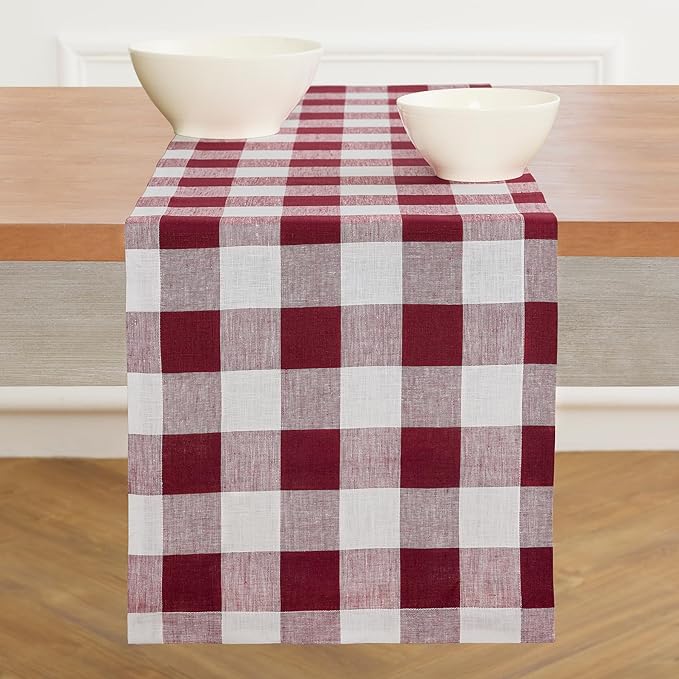 Solino Home Checkered Table Runners 90 Inches Long - 100% Pure Linen Buffalo Check Burgundy and White Table Runner 14 x 90 Inch Ideal for Dining, Valentines