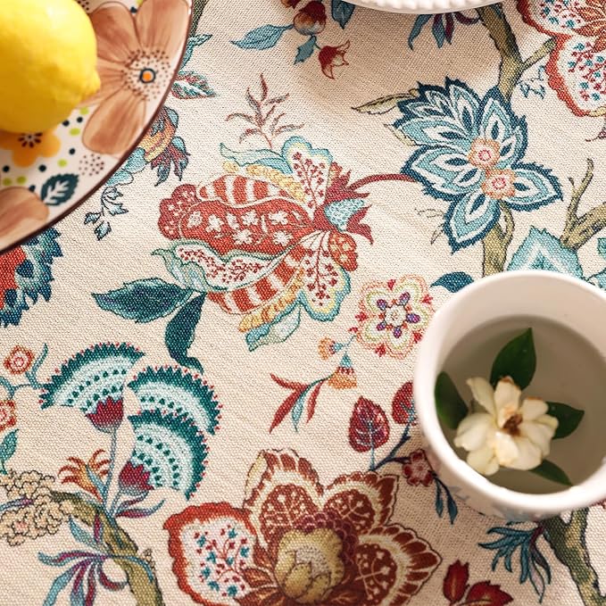 Linen Colorful Floral Small Rectangle Tablecloth,Vintage Indian Colorfast Block Print Table Cloth,Decor Table Cover for Kitchen,Dining,Party,Thanksgiving,Christmas,55"*71"-Mangala