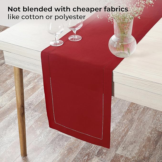 D'Moksha Homes Linen Red Table Runner 48 Inches - Classic Hemstitch, 100% Pure Linen Coffee Table Runner 14 x 48 Inch Ideal for Dresser Tables, Valentines, Spring