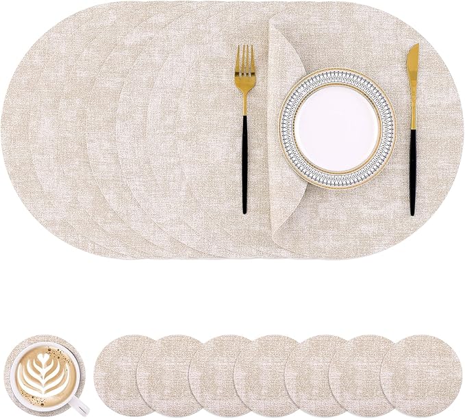 Homaxy Round Faux Leather Placemats and Coasters, Washable Dual-Side Table Mats, Wipeable Heat-Resistant Dining Place Mats for Outdoor and Indoor, Set of 8, Diameter 13 and 3.93 inch, Beige