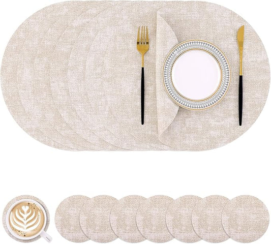 Homaxy Round Faux Leather Placemats and Coasters, Washable Dual-Side Table Mats, Wipeable Heat-Resistant Dining Place Mats for Outdoor and Indoor, Set of 8, Diameter 13 and 3.93 inch, Beige