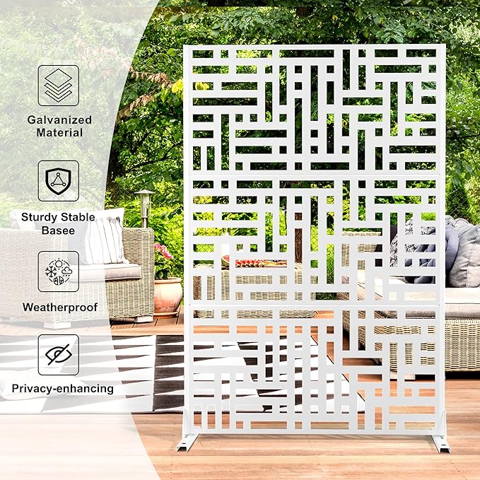 Metal Privacy Screen Outdoor 72" H×47" W,Freestanding Decorative Privacy Screen for Balcony Yard&Garden,Privacy Fence-White&Street