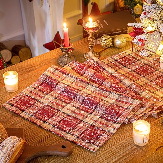 Red Plaid Snowflake Christmas Table Runner, Winter Holiday Table Runners 72 inches Long Xmas Decorations Indoor Outdoor Farmhouse Home Kitchen Dining Party Decor