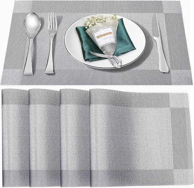 Placemats Set of 4,Washable,Heat and Stain Resistant Indoor/Outdoor Place mats,Vinyl Woven Non Slip Table Mats for Restaurant Table Protection,PVC Placemats(Silver,4PCS)