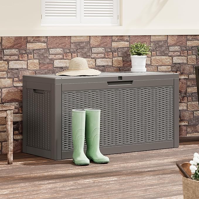 Outdoor Storage Box, 60 Gallon Outside Deck Box Waterproof, Resin Outdoor Storage Cabinet With Lockable Lid, Storage Bench for Garden Tools, Patio Cushions, Pool Tools, Package Delivery, Gray