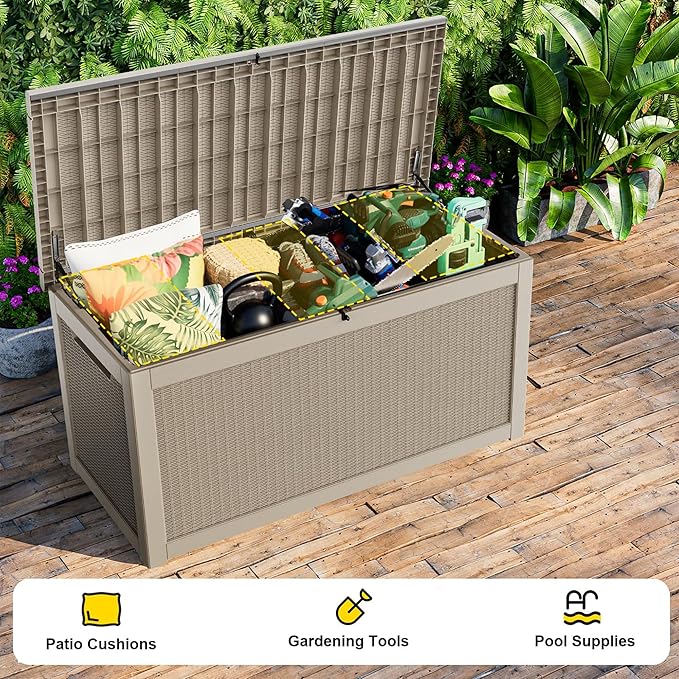 320 Gallon Waterproof Outdoor Storage Box, UV Resistant Resin Deck Box with Hydraulic Rod for Reinforced Stability, Perfect for Patio, Garden, and Pool（Grey，320 Gallon）