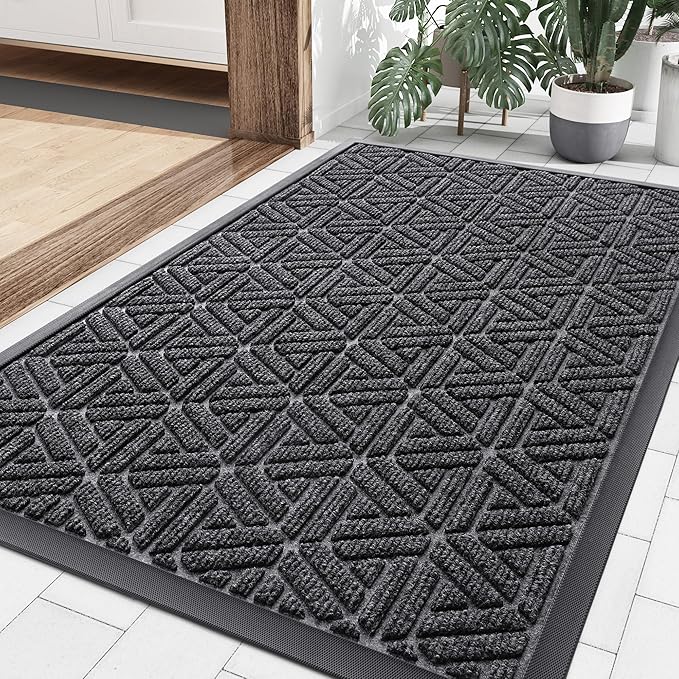 Smiry Front Door Mat Outside Entrance, Heavy Duty Sturdy Natural Rubber Doormat, Trap Dirt and Moisture, Easy Clean Low Profile Mats for Indoor Outdoor Entry, Grid Geometric (36x24, Grey)