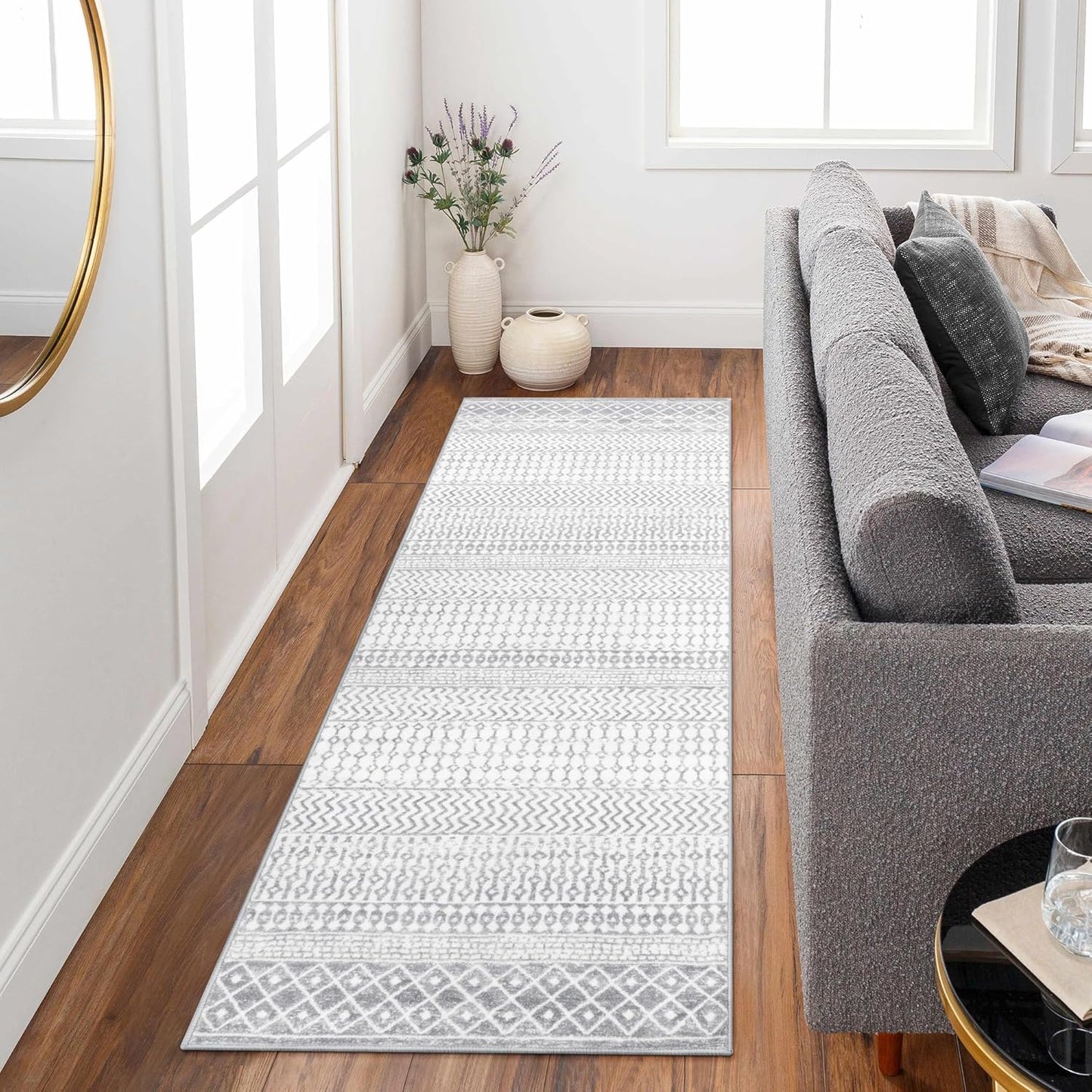 Hallway Runner Rug 2x6, Ultra Soft Moroccan Distressed Kitchen Runner Rug with Rubber Backing, Washable Low-Pile Boho Bathroom Rugs for Bedroom Bathroom Laundry