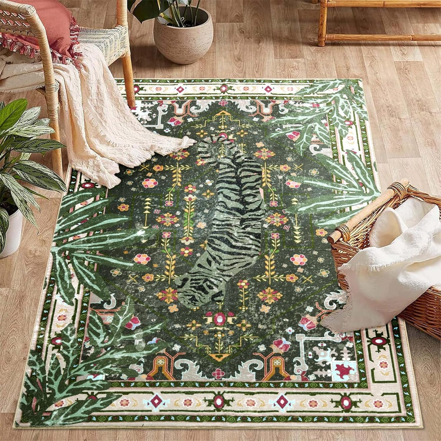 Oriental Tropical Washable Rugs, Greyish Green Boho Vintage Hippie 5x7 Area Rugs for Living Room Bedroom Kitchen Entryway Dorm, Abstract Botanical Animal Tribal Indian Accent Carpet