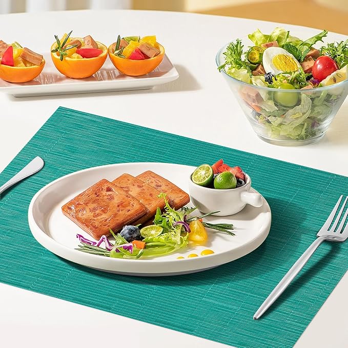 Woven Vinyl Placemats Set of 8 Wipe Clean PVC Heat Resistant Place Mats Durable Waterproof Stain Resistant Indoor Outdoor Table Mats(Turquoise)
