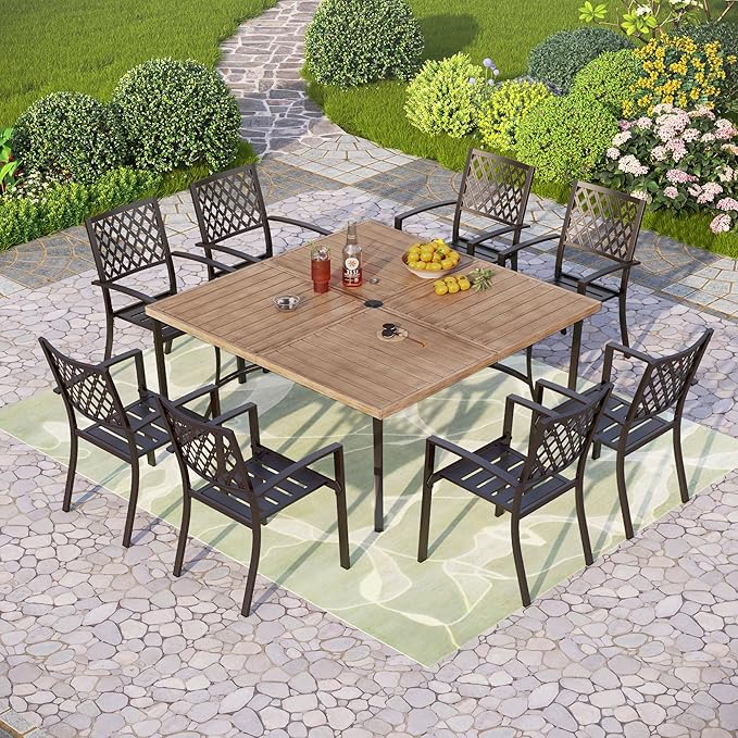 PHI VILLA Large Outdoor Patio Table for 8 Person, 60" Square Metal Steel Slat Table with 1.57"-1.9" Adjustable Umbrella Hole, Weather-Resistant Outdoor Dining Table for Deck Backyards, Brown