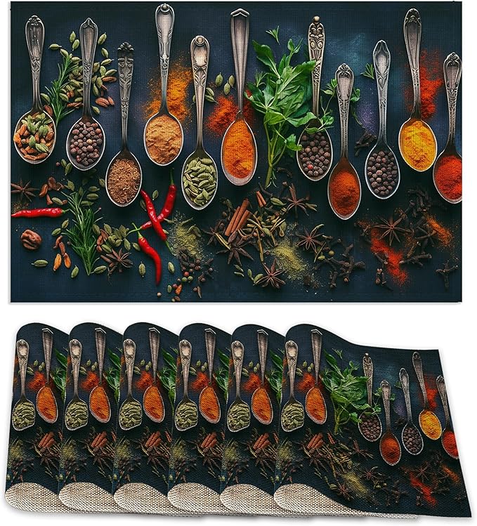Various Herbs Placemats Set of 6,Spices for Cooking Table Mates Non-Slip Heat Resistant Washable Linen Place Mats for Party Kitchen Dining Decoration Indoor Outdoor 12"x18"
