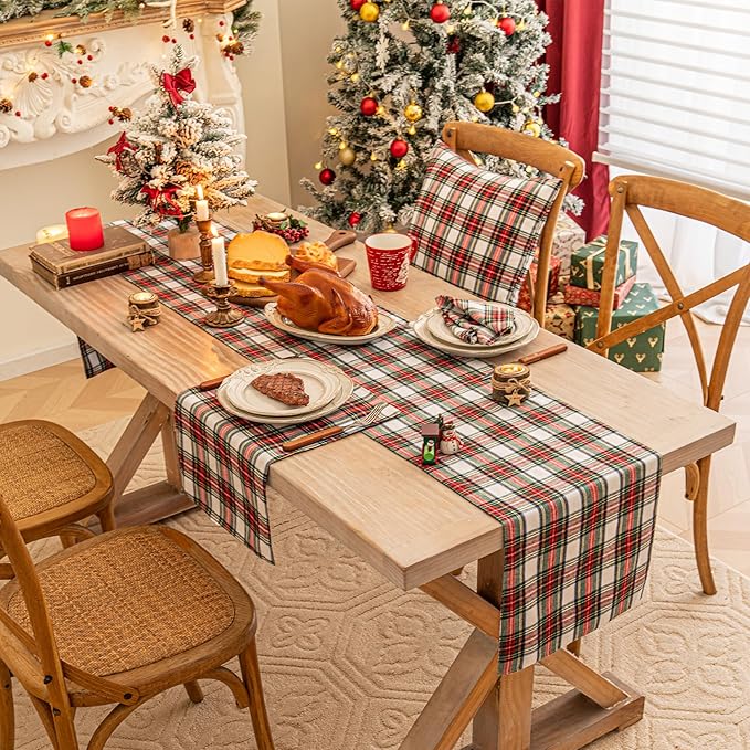 Red White Plaid Christmas Table Runner, Winter Holiday Table Runners 72 inches Long Xmas Decorations Indoor Outdoor Farmhouse Home Kitchen Dining Party Decor