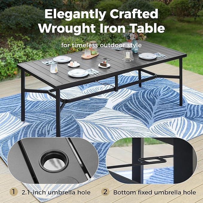 Outdoor Patio Dining Table for 8, 83" x 39" Rectangular Metal Patio Dining Table with 1.7" Umbrella Hole, All Weather Wrought Iron Black Outdoor Table for Garden, Backyard and Porch