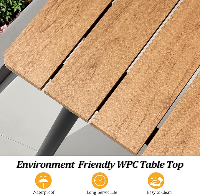 70" Patio Outdoor Dining Table for 4-6, Weather-Resistant Wood-Grain Top with Aluminum Frame & Umbrella Hole for Deck Gatherings, Brown
