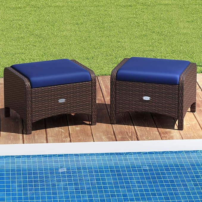 Tangkula 2 Pieces Outdoor Patio PE Wicker Ottomans with Removable Cushions, Outdoor Furniture for Additional Seating, Footrest and Side Table, Outdoor Footstools for Porch, Garden and Backyard