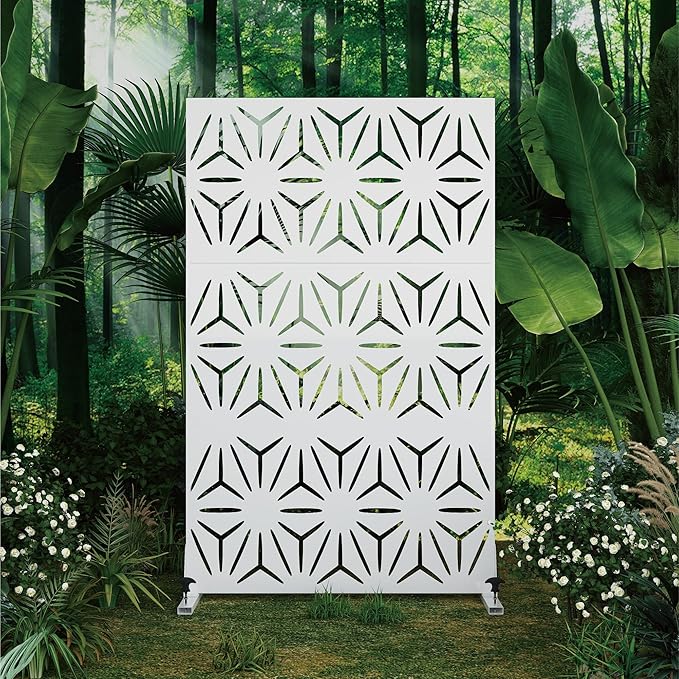 Heavy-Duty Outdoor Privacy Screen for Patio, Balcony, Backyard - 72" H * 44" W Metal Room Divider with Modern Geometric Pattern, Anti-Tipping Kit, Weather Resistant, Easy Assembly (White-SJX)