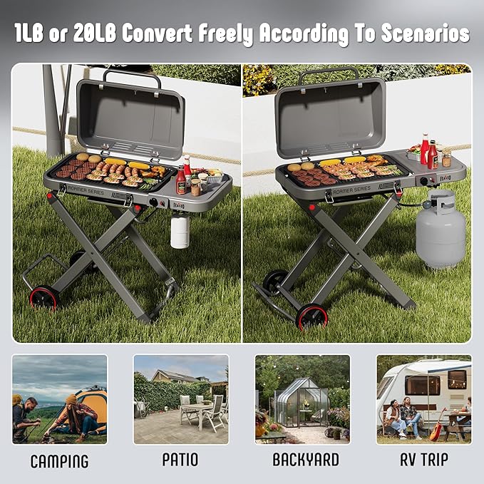 Portable Propane Gas Grill with Folding Cart & 13000 BTUs Burner, 360 Sq. In. Cast Iron Cooking Grates, Side Table, 8" Wheels, Stainless Grease Tray for Outdoor BBQ, Camping & Tailgating, Grey