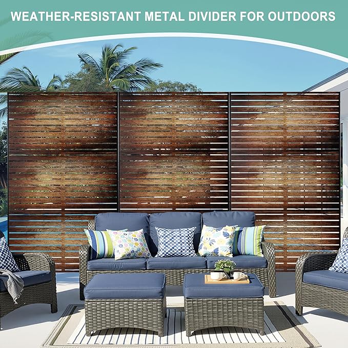 Metal Privacy Screen for Outdoor & Indoor Use, Free Standing Privacy Screen for Patio Garden Pool, 72" H x 47" W Decoative Privacy Panels, Weather Resistant, Easy Assembly (Wood Grain)