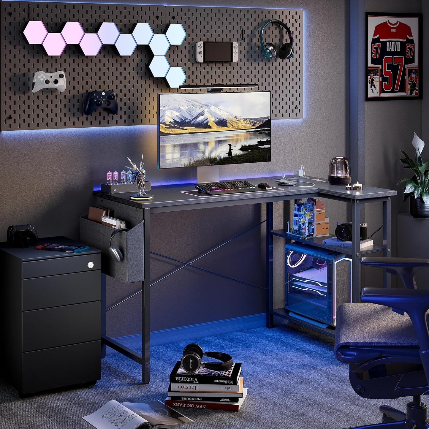 TIQLAB L Shaped Computer Desk with Power Outlets, 55 Inch Small Corner Desk with Reversible Shelves, Gaming Desk Computer Table Study Writing Table for Home Office Bedroom Small Space, Black