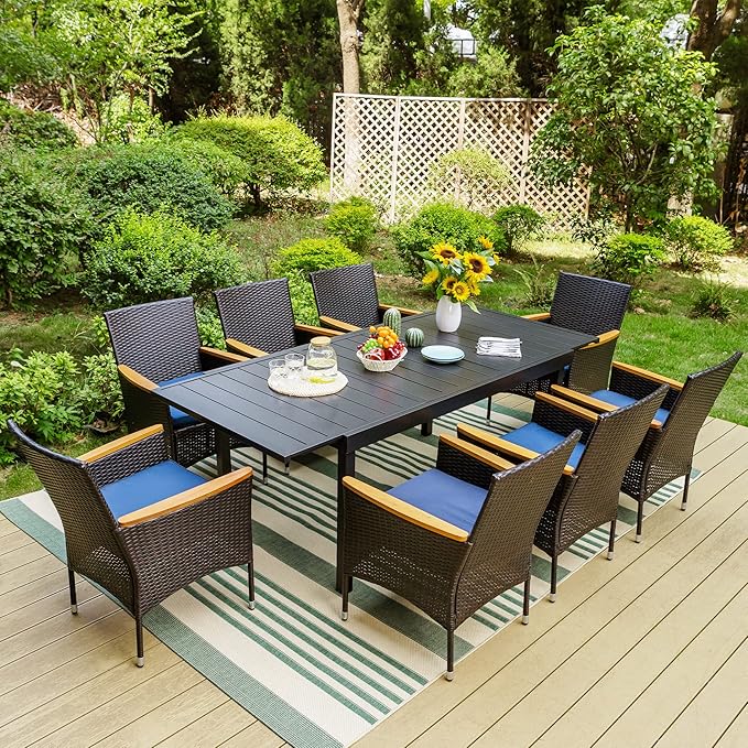 Sophia & William 9 Pieces Patio Dining Set for 8 People, Expandable Rectangular Outdoor Table and 8 Pcs Rattan Chairs, All Weather Metal Patio Table and Chairs Set