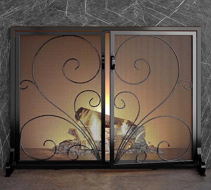 Flat Fireplace Screen with Doors,Solid Wrought Iron Frame with Metal Mesh, Flat Panel Decorative Fireplace Screen with Scroll Design, Free Standing Spark Guard