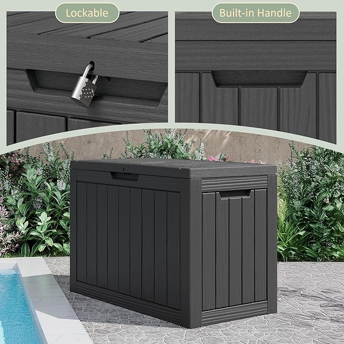NUNU LAB Outdoor Storage Box, 45 Gallon Outside Deck Box Waterproof, Resin Outdoor Storage Cabinet With Lockable Lid, Backyard Storage Bench For Garden Tools, Patio Cushions, Pool Tools, Black